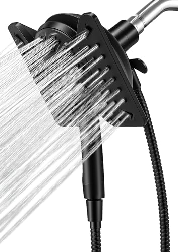 Shower Head with Handheld High Pressure, Rain Shower Head with Fixed Showerhead and 9 Sprays Handheld Shower, Detachable 2-IN-1 Shower head with 59" Rotatable Stainless Steel Hose (Black)