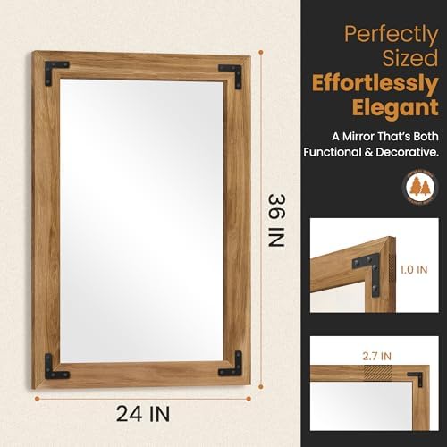 Wood Framed Bathroom Vanity Mirror for Wall, 24"x36" Farmhouse Mirror