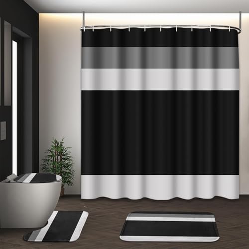 Geometric Bathroom Sets with Shower Curtain and Rugs, 4 Pcs,