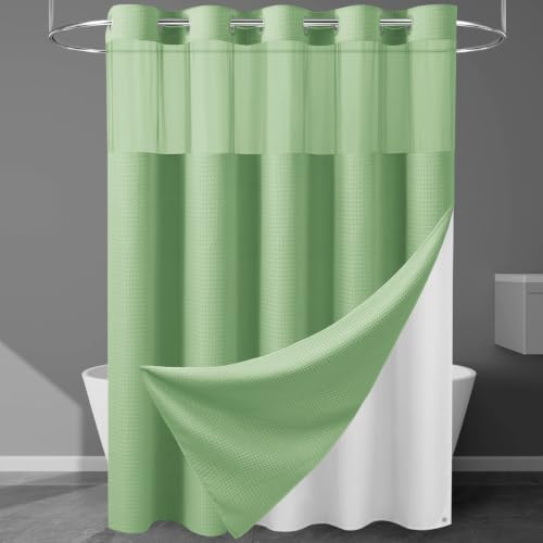 Heavyweight Waffle No Hook Shower Curtain with Liner, Mint Green, 71x74