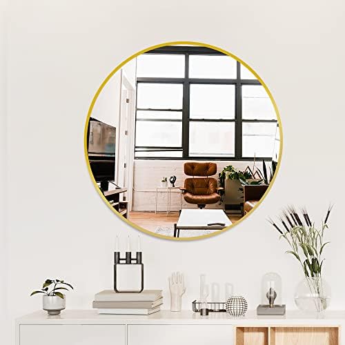 Delma 26 Inch Gold Round Circle Mirror for Bathroom Wall, Metal Frame