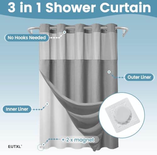 EUTXL Heavyweight No Hook Shower Curtain with Liner, Grey,71x80