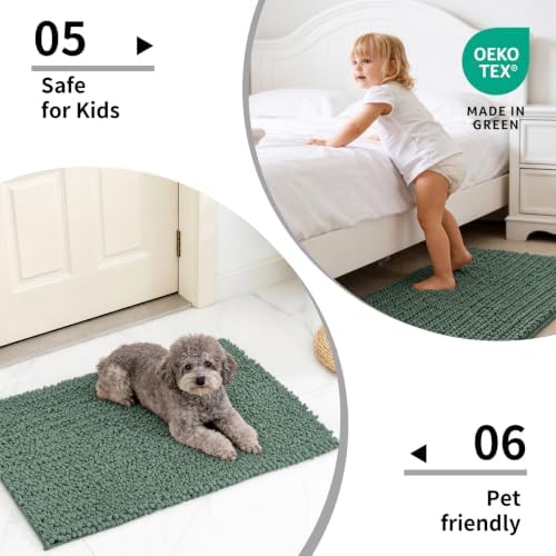 Disolla Sage Green Bath Mat 24x36 Inch - Luxury Chenille Bathroom Rug, Extra Soft Shaggy Plush Absorbent Mat, Non-Slip Washable Rug for Bathtub, Shower and Bedside