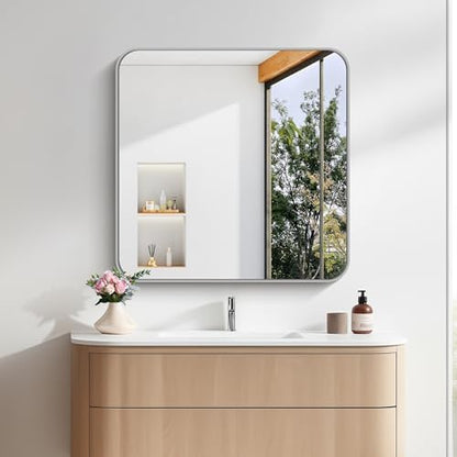 FORBATH 30x30 Inch Silver Bathroom Mirror for Over Sink, Large Square Wall Mirror with Metal Frame, Rounded Corners for Bathroom, Bedroom, Entryway Decor (Horizontal or Vertical)