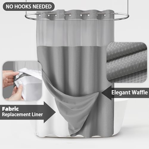 No Hook Shower Curtain with Liner Set Hotel Waffle Curtain Grey 72W X 75L
