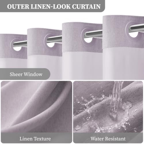 BTTN Lavender Ringless Linen Look Shower Curtain with Snap in Liner, 72x75