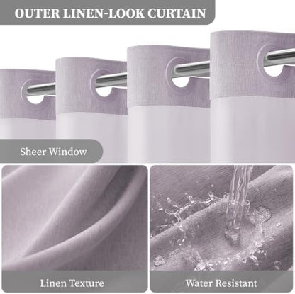 BTTN Lavender Ringless Linen Look Shower Curtain with Snap in Liner, 72x75