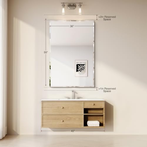 Frameless Bathroom Mirror, 55"x36" Beveled Bathroom Mirror