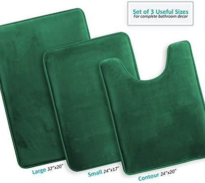 Clara Clark 3 Piece Bathroom Rugs Bath Mat Set, Velvet Memory Foam Bath Mats for Bathroom - Non-Slip, PVC Backing Bath Rugs, Washable - Dries Quickly, Green