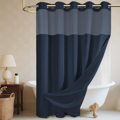 WONICY No Hook Shower Curtain with Liner for Bathrooms, Navy, 71 x 74