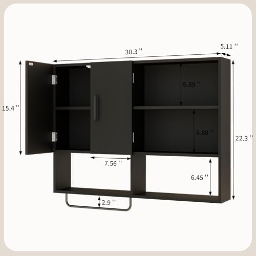 Bathroom Wall Cabinet, Medicine Cabinet with 2 Doors, Black