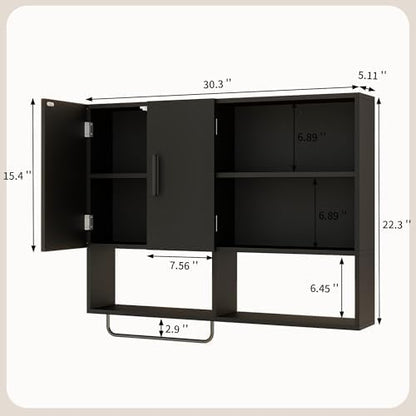 Bathroom Wall Cabinet, Medicine Cabinet with 2 Doors, Black