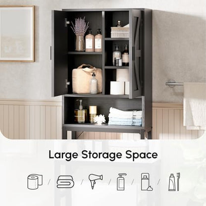 USHOWER Black Over The Toilet Storage Cabinet with Barn Doors