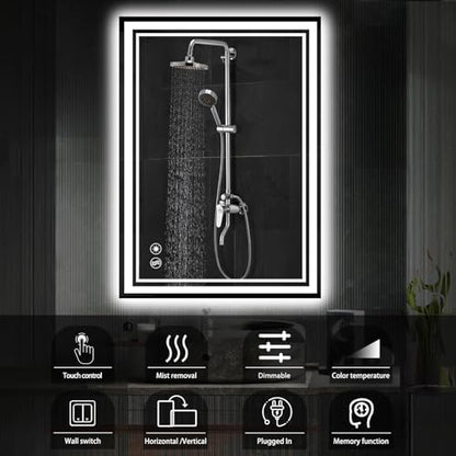 24“ x 36” Bathroom Mirror with LED Lights, Anti-Fog, Dimmable 3 Colors