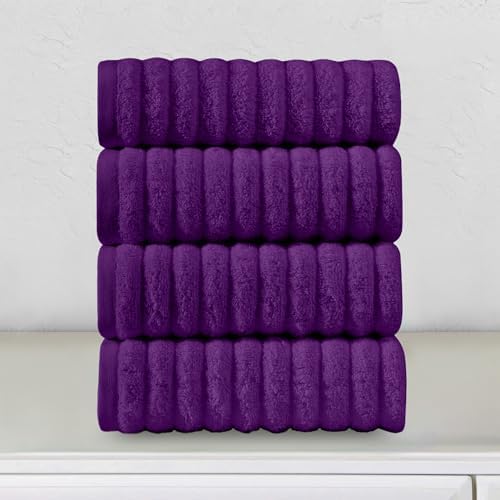 Elegant Comfort Luxury 100% Turkish Cotton Corduroy Ribbed 4 Pack Hand Towel Set 16 x 28 Inch - Absorbent, Super Soft, Quick Dry, Premium Towels for Bathroom, Gym, Spa and Hotel Use, Purple