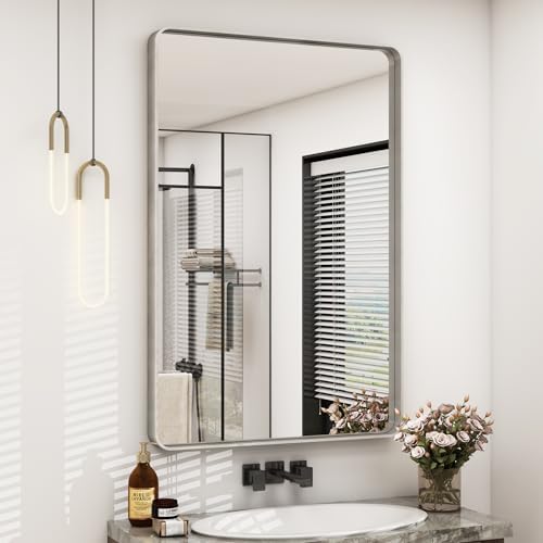 24x36 Silver Brushed Metal Bathroom Mirror for Wall