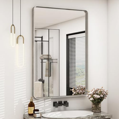 24x36 Silver Brushed Metal Bathroom Mirror for Wall