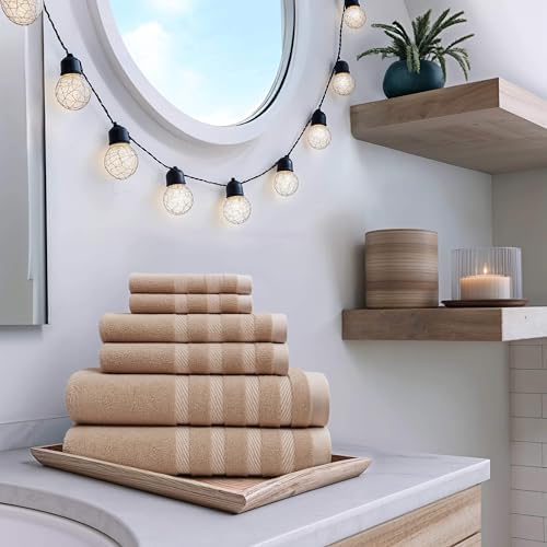 Hearth & Harbor Bath Towels for Bathroom - 100% Ring Spun Cotton Luxury Bathroom Towels - Soft & Highly Absorbent Bath Towels Set, 6 Piece Set, Beige