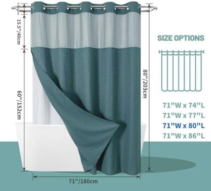 No Hook Waffle Shower Curtain with Snap-in Liner, 71x80 Inch, Seaweed Green