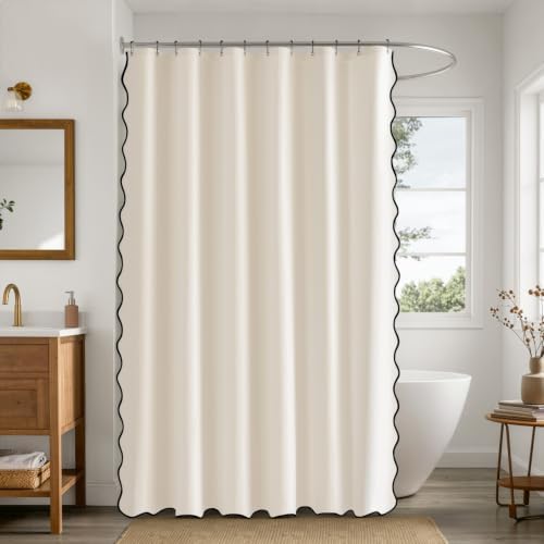 ANRODUO Ivory Scalloped Linen Textured Shower Curtain, W72 x L72