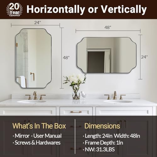 ANDY STAR 24"x48" Large Bathroom Mirror, Chrome Scalloped Wall Mirror, Polished Nickel Rectangle Mirror, Bathroom Vanity Mirror in Anti-Rust Stainless Steel Metal Frame, Vertically/Horizontally