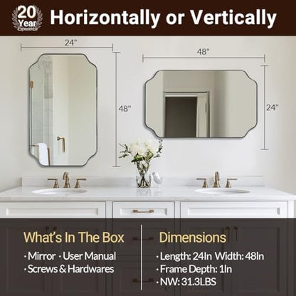 ANDY STAR 24"x48" Large Bathroom Mirror, Chrome Scalloped Wall Mirror, Polished Nickel Rectangle Mirror, Bathroom Vanity Mirror in Anti-Rust Stainless Steel Metal Frame, Vertically/Horizontally