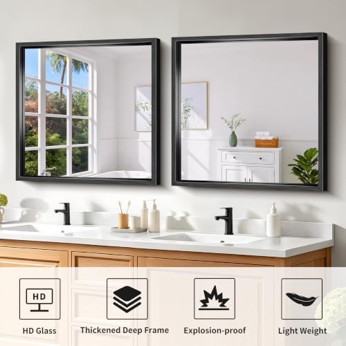 24x24 Square Black Mirror, Bathroom Mirrors for Over Sink 0.6" Thickened Deep Frame, Brushed Black Rectangle Mirrors for Wall, Shatterproof Tempered Glass, Antirust, Horizontally or Vertically