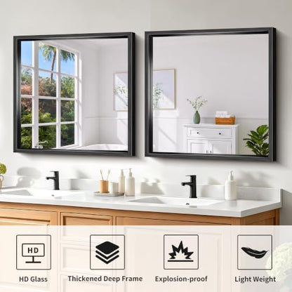 24x24 Square Black Mirror, Bathroom Mirrors for Over Sink 0.6" Thickened Deep Frame, Brushed Black Rectangle Mirrors for Wall, Shatterproof Tempered Glass, Antirust, Horizontally or Vertically