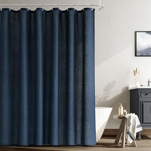 Naturoom Linen Shower Curtain 84 Inch Long for Bathroom Navy Blue 1 Panel
