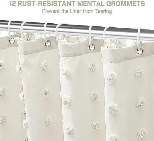 Extra Long Boho Farmhouse Cream Shower Curtain Woven Fabric 84 Inch Ivory Shower Curtain, 72 x 84 Tufted Pleat Floral Puffs Textured Modern Minimalist Ivory Shower Curtain Set with Hooks for Bathroom