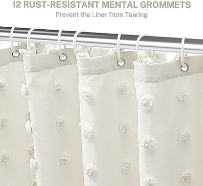 Extra Long Boho Farmhouse Cream Shower Curtain Woven Fabric 84 Inch Ivory Shower Curtain, 72 x 84 Tufted Pleat Floral Puffs Textured Modern Minimalist Ivory Shower Curtain Set with Hooks for Bathroom