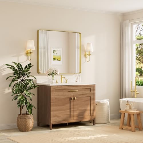 TETOTE 42 x 36 Inch Gold Mirror for Bathroom, Brushed Metal Frame Vanity Mirror, Brass Gold Rectangle Modern Decorative Wall Mirrors for Entryway Shatterproof (Horizontal/Vertical)