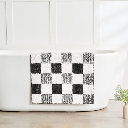 CozeCube Jet Black Checkered Bath Runner 59"x24" Non Slip Washable Rug