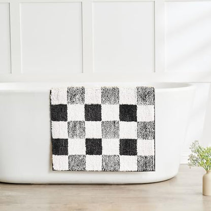 CozeCube Jet Black Checkered Bath Mat 32"x20" Non Slip Washable Rug