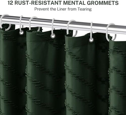 Siiluminisoy Extra Long Dark Green Boho Shower Curtain with Tassel, Woven Fabric 90 in, Tufted Chevron Striped, 72 x 90, Modern Chic Textured Minimalist Bathroom
