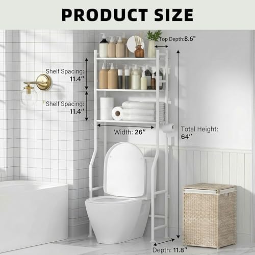GloTika 3-Tier Over Toilet Storage, Anti-Tilt, 64" H, White
