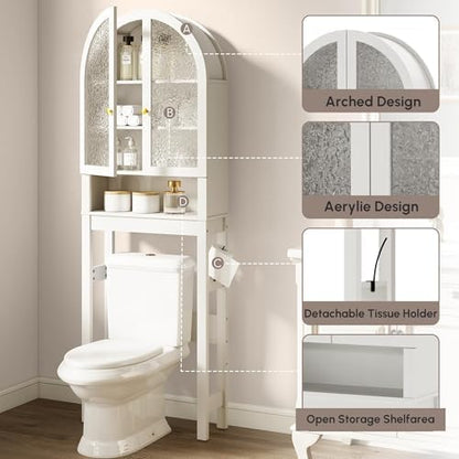 HMstone Over The Toilet Storage Cabinet, Arched Bathroom Organizer and Storage with Acrylic Doors and Adjustable Shelf, Space-Saving Freestanding Bathroom Modern Storage Cabinet Over Toilet, White