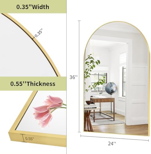 BEAUTYPEAK 24"x36" Arch Bathroom Wall Mirror, Gold