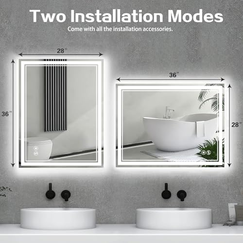28“ x 36” LED Bathroom Mirror, Wall Vanity Mirror with Smart Anti-Fog