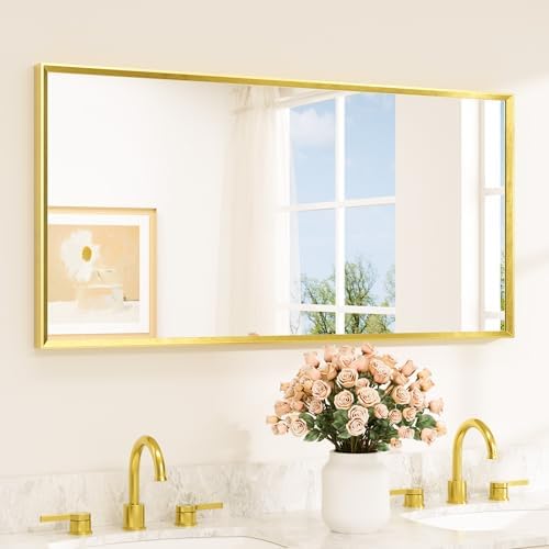 TETOTE Brushed Gold Frame Mirror for Bathroom Wall 48" x 24" Brushed Brass Beveled Rectangle Bathroom Vanity Mirror for Over Sink, Bedroom, Entryway, Living Room, Tempered Glass, Stronger Frame