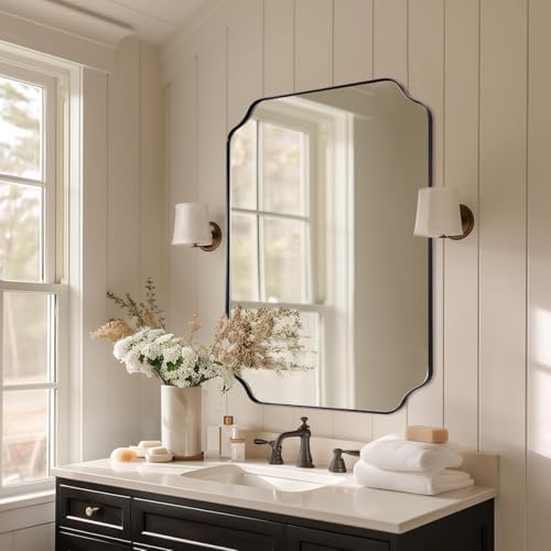ANDY STAR 22X30 Inch Matte Black Scalloped Mirrors for Bathroom Sink