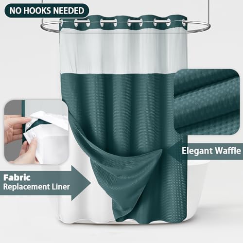 No Hook Shower Curtain with Liner Set Hotel Waffle Seaweed Green 72W X 75L