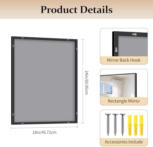COFENY Black Bathroom Mirror for Wall, 18x24 Inch Rectangle Mirror with Metal Frame, Modern Vanity Mirrors for Bathroom Living Room, Entryway Hangs Horizontal or Vertical