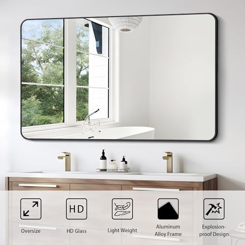 FORBATH Large Bathroom Mirror 36 x 55 Inches，Black Large Wall Mirror Aluminum Frame Wall Mounted Rounded Corner Morndern Mirror for Bathroom Bedroom Entryway Living Room
