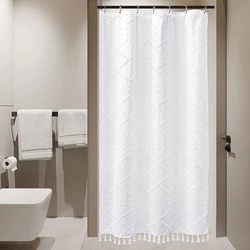 Siiluminisoy Small Stall Boho Shower Curtain White Tassle Woven Fabric Shower Curtain 36 x 72 Half Size Tufted Chevron Striped Textured Modern Farmhouse Minimalist Cloth for Bathroom