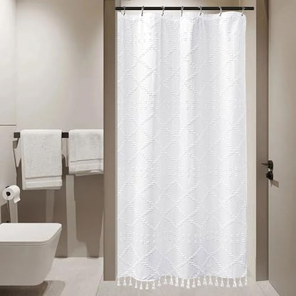 Siiluminisoy Small Stall Boho Shower Curtain White Tassle Woven Fabric Shower Curtain 36 x 72 Half Size Tufted Chevron Striped Textured Modern Farmhouse Minimalist Cloth for Bathroom