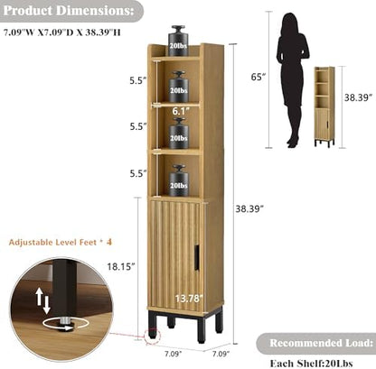 FerniTry Narrow Bathroom Storage Cabinet, Corner Toilet Paper Floor Cabinet 5 Tiers with Door and Shelves,Bathroom Organizer with Adjustable Shelf, for Small Spaces (Oak)