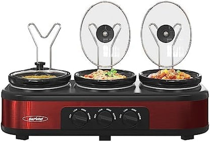 3 * 1.5 Quarts Triple Slow Cooker, Buffet Server & Warmer with 3 Removable Ceramic Pots, 3 Adjustable Temp Settings & 3 Metal Lid Rests, Stainless Steel, Red