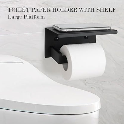 5 Pieces Black Towel Bar Set Bathroom Hardware Accessories Set Upgraded Toilet Paper Holder with Shelf Towel Holder Set for Bathroom Stainless Steel Wall Mounted