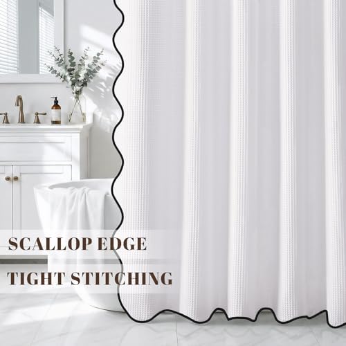 Extra Long Waffle Scalloped Shower Curtain Cotton Fabric White 72Wx84L